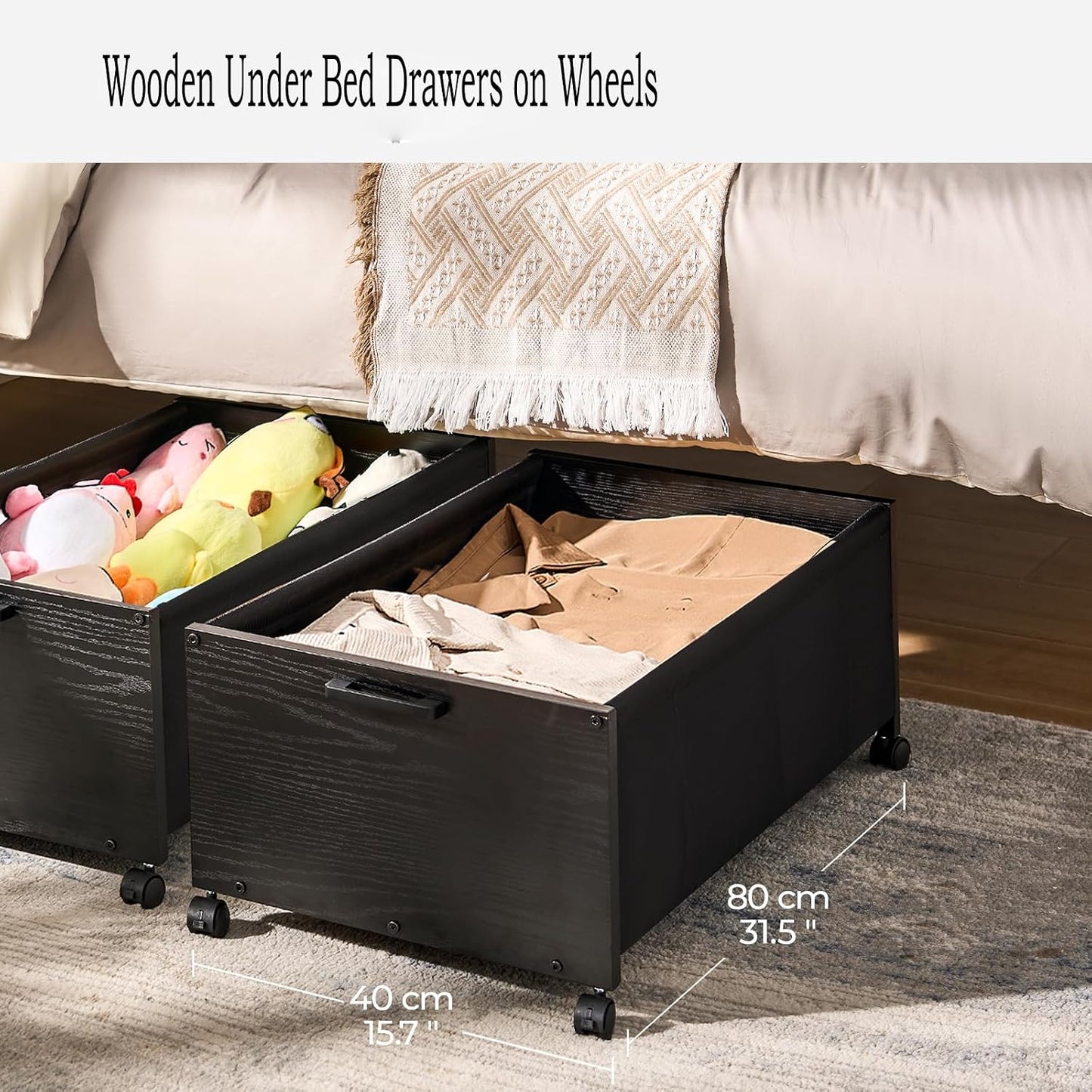 FOUCSSOMEI Under Bed Storage with Wheels, Wooden Under Bed Drawers On Wheels, Rolling Under Bed Shoe Storage, Space Saving, Rustic Brown,30L