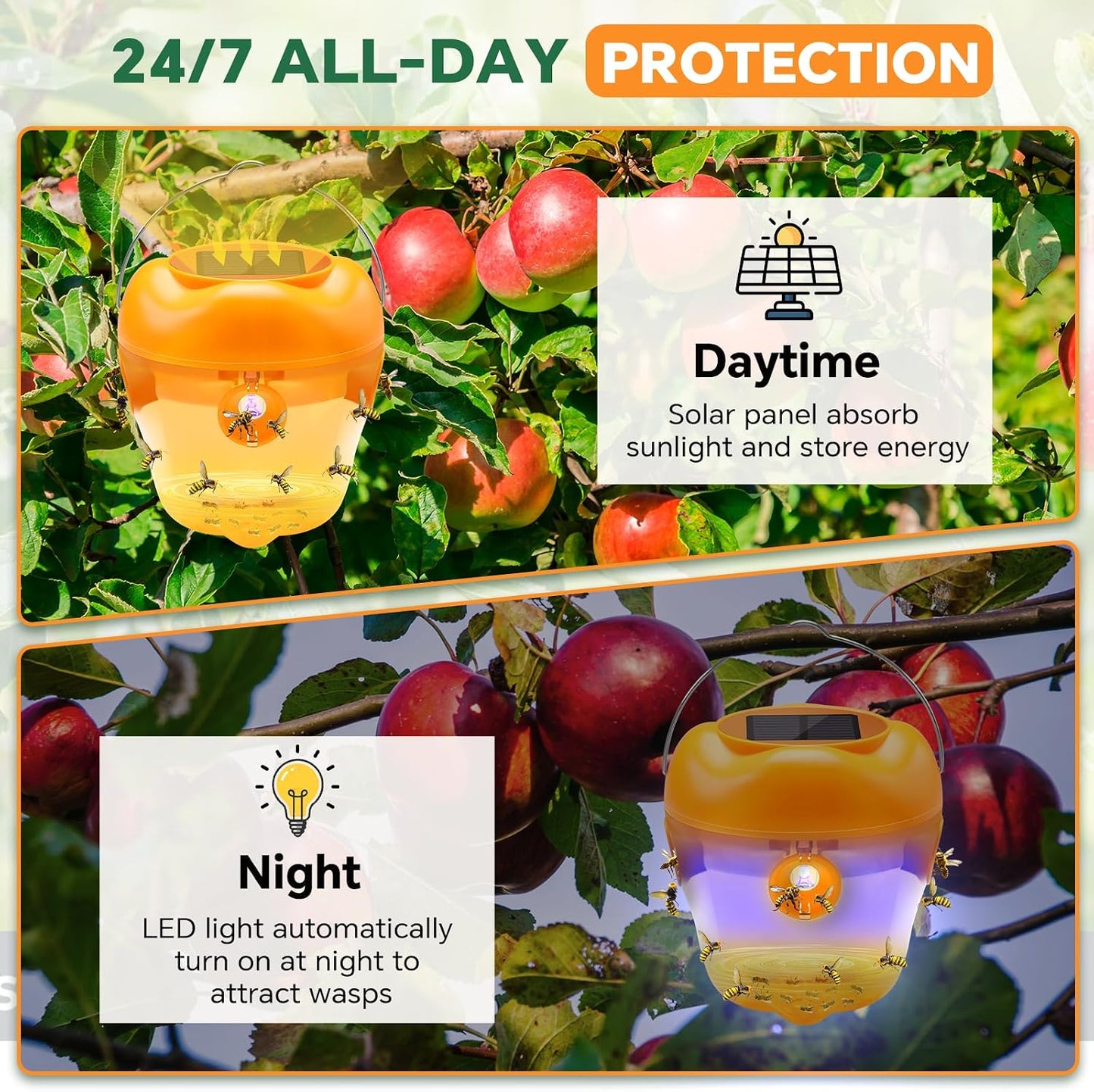Wasp Trap, Solar Wasp Traps Hanging, Reusable Yellow Jacket Trap with LED Light, Wasps Killer, Bee Hornet Traps for Outside Orchard, Farm, Garden, Patio, Courtyard