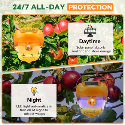 Wasp Trap, Solar Wasp Traps Hanging, Reusable Yellow Jacket Trap with LED Light, Wasps Killer, Bee Hornet Traps for Outside Orchard, Farm, Garden, Patio, Courtyard