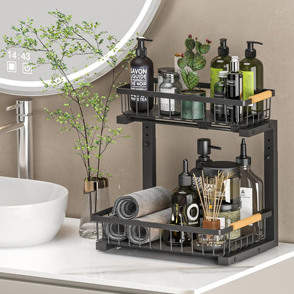 Liuoud Under Sink Organizer 2 Pack, 2 Tier Slide Out Large Capacity Height Adjustable Under Sink Organizers and Storage for Kitchen Bathroom Cabinet, White