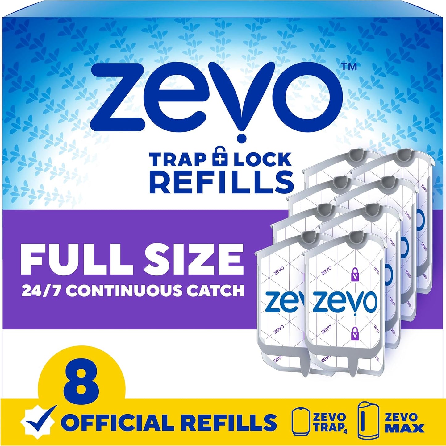 Zevo Flying Insect Trap Official Refill Cartridges - Fits Zevo Trap and MAX Indoor Fly Trap, Trap+Lock Technology Fly Trap Refill for Gnats, House Flies & Fruit Flies (8 Official Refill Cartridges)