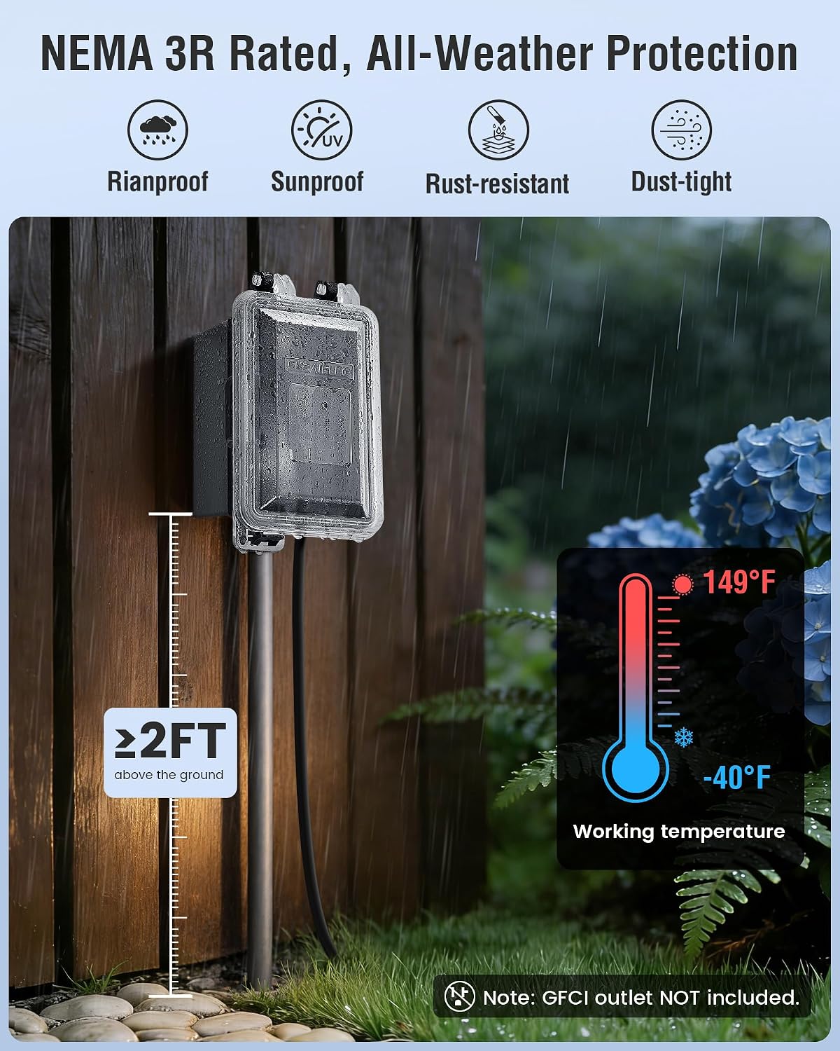 SURAIELEC Extra-Deep Outdoor Outlet Cover, 1-Gang, 4" Extra-Deep Receptacle Cover, NEMA 3R Weatherproof, Horizontal/Vertical Mount, Compatible with GFCI, Duplex Outlets & Switches, Black, 1-Pack