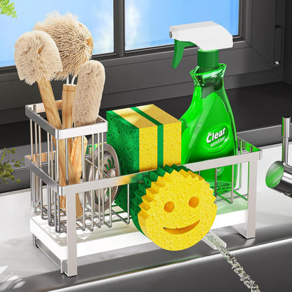 Sponge Holder for Kitchen Sink,Smiley Face Sink Caddy with Removable Brush Holder,Self-Draining Sponge Caddy for Soap,Dish Brush,Scrubber,Kitchen Essentials and Gadgets-Silver