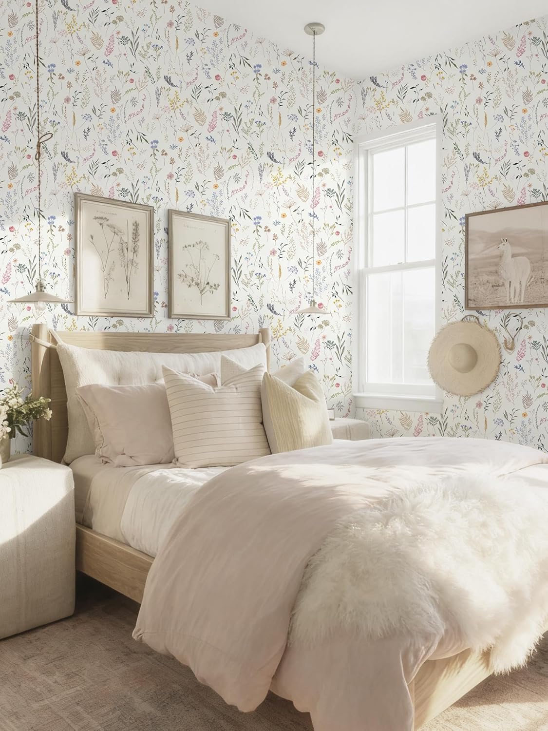 Dimoon 17.3''x78.7'' Vintage Peel and Stick Wallpaper Boho Beige Neutral Contact Paper White Floral Bird Wallpaper Removable Botanical Renter Friendly Modern Wall Paper Bedroom Bathroom Vinyl Roll