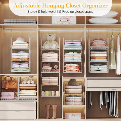 Yuyetuyo 5 Tier Closet Hanging Organizer and Storage Separable Hanging Closet Shelves with 4 Hooks 2 Adjustable Dividers, Wire Storage Basket Bins for Clothing Sweaters Socks Dolls Handbags, Foldable