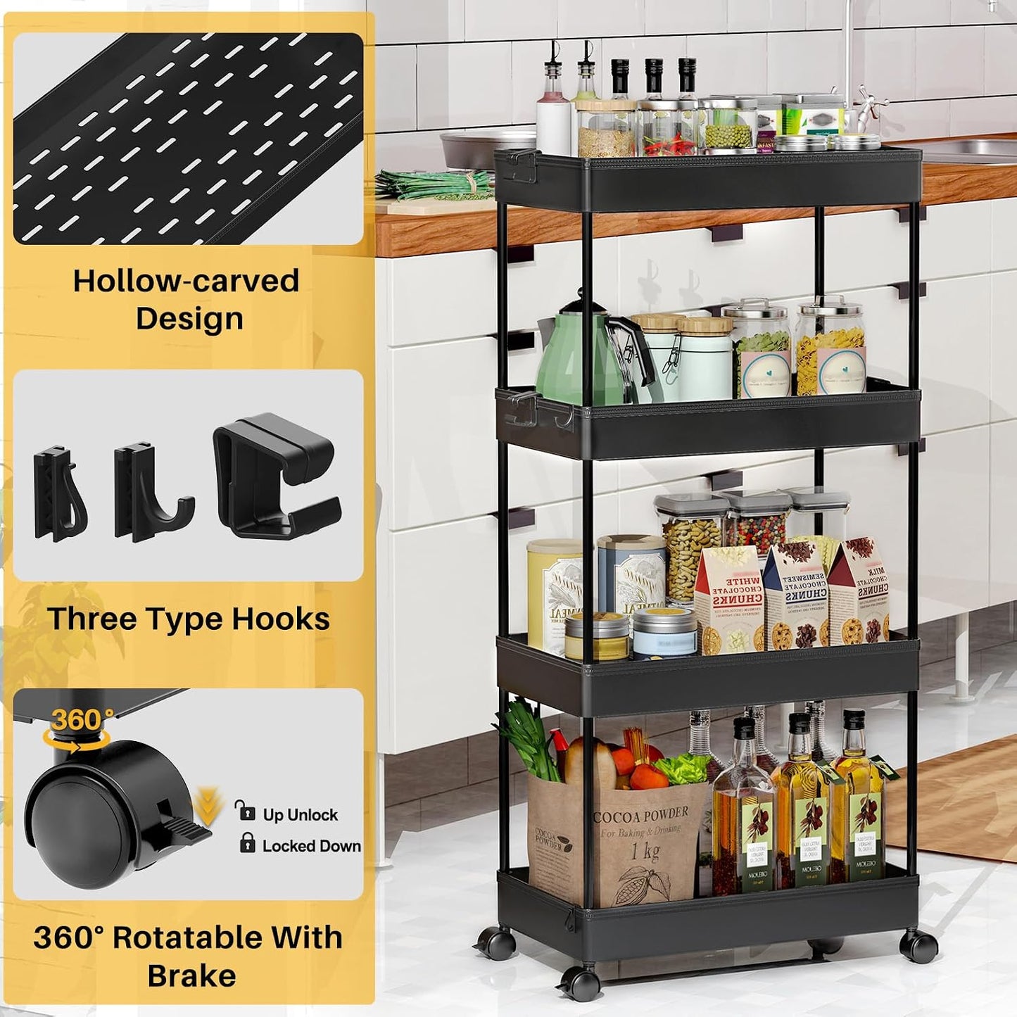 SPACEKEEPER 5-Tier Rolling Cart, Bathroom Storage Organizer Utility Cart, Mobile Shelving Unit Slide Out Shelves for Kitchen Living Room Laundry Room & Dressers, Black