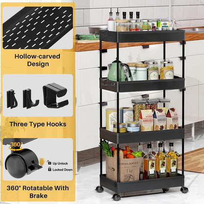 SPACEKEEPER 5-Tier Rolling Cart, Bathroom Storage Organizer Utility Cart, Mobile Shelving Unit Slide Out Shelves for Kitchen Living Room Laundry Room & Dressers, Black