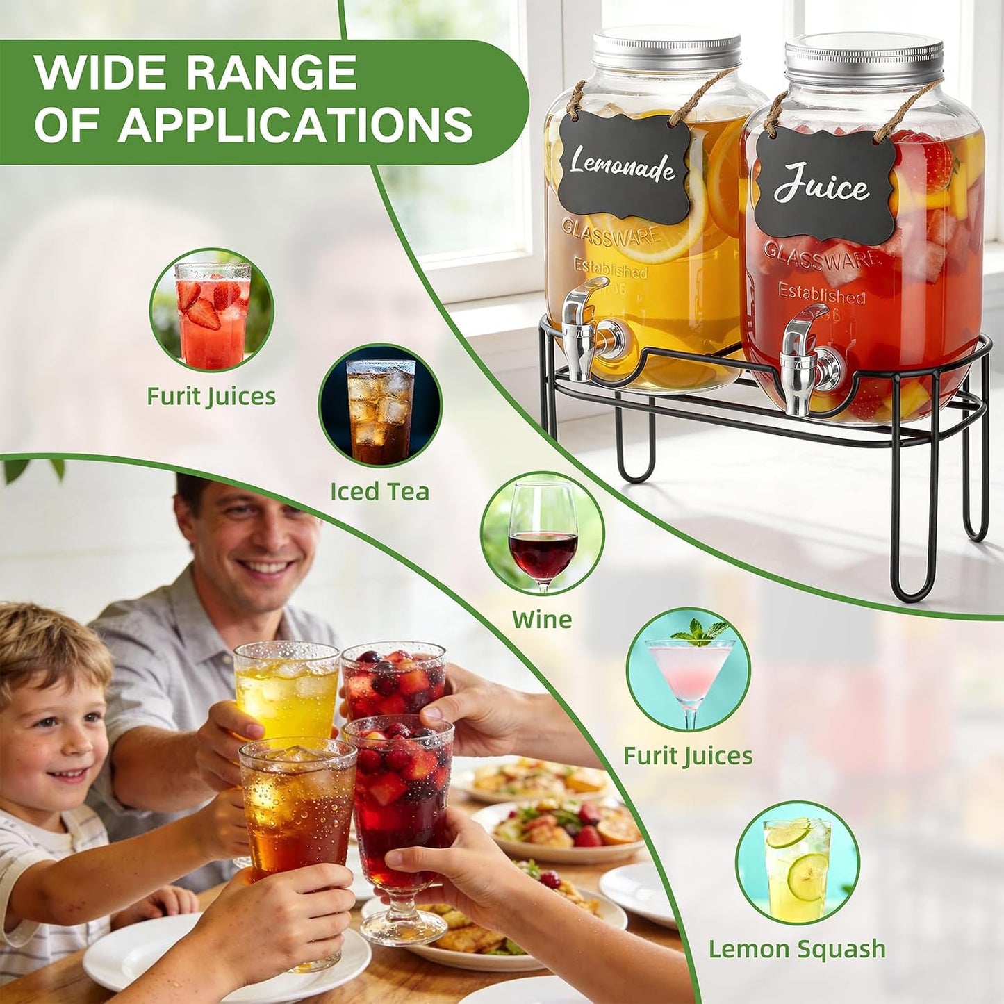 2 Gallon Glass Drink Dispensers For Parties，Lemonade Beverage Dispenser With Stand And Spigot For BBQ, Picnic, Party,Laundry Detergent Dispenser