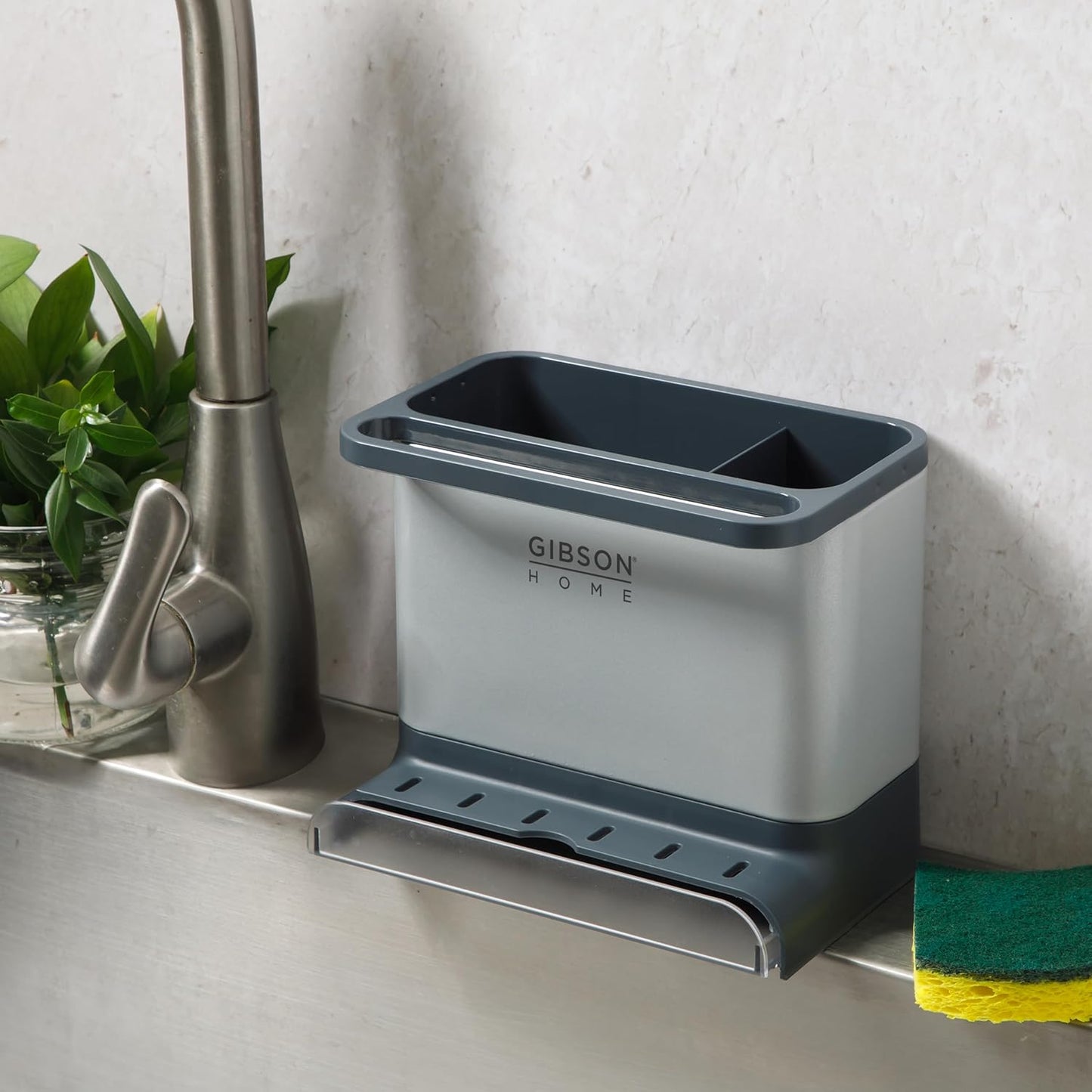 Gibson Home Ledgebrook Sink Caddy With Metal Panel, Sponge Holder for Kitchen Sink, Countertop Organizer and Storage Essentials With Drain Board