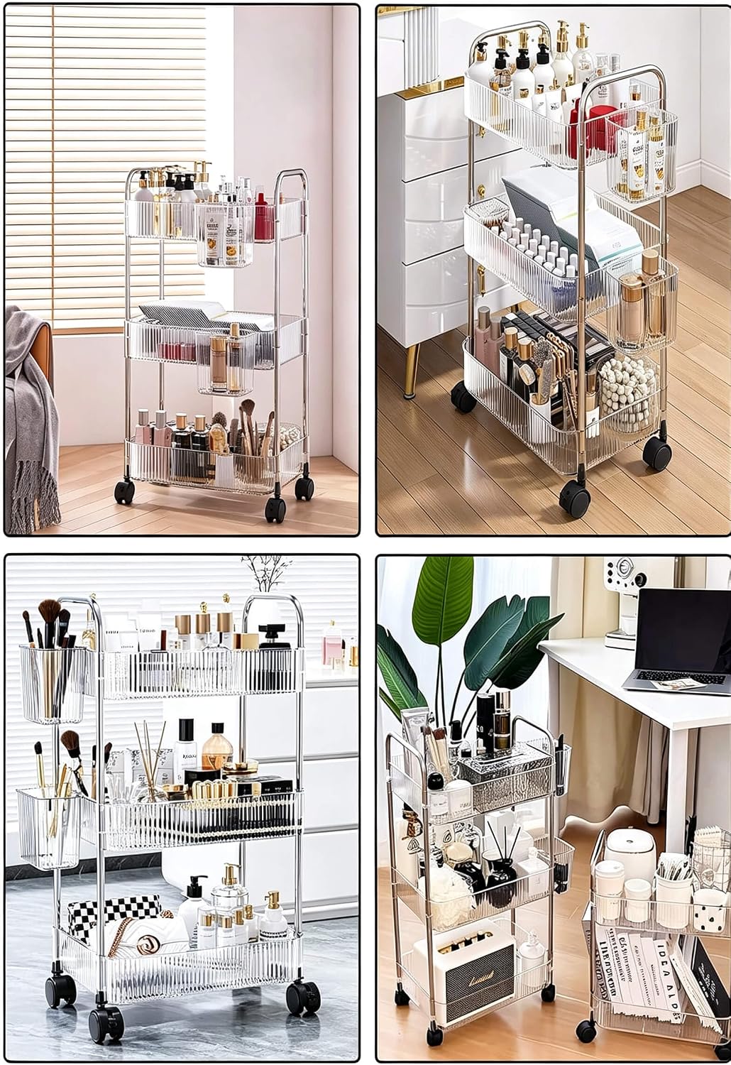 4-Tier Plastic Rolling Utility Cart with Wheels, Multifunctional Storage Organizer Cart for Home, Office, Kitchen & Bathroom, Ultra Narrow & Clear, 4.7”W * 12.8”L * 33”H