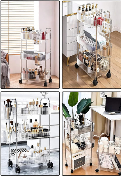 4-Tier Plastic Rolling Utility Cart with Wheels, Multifunctional Storage Organizer Cart for Home, Office, Kitchen & Bathroom, Ultra Narrow & Clear, 4.7”W * 12.8”L * 33”H
