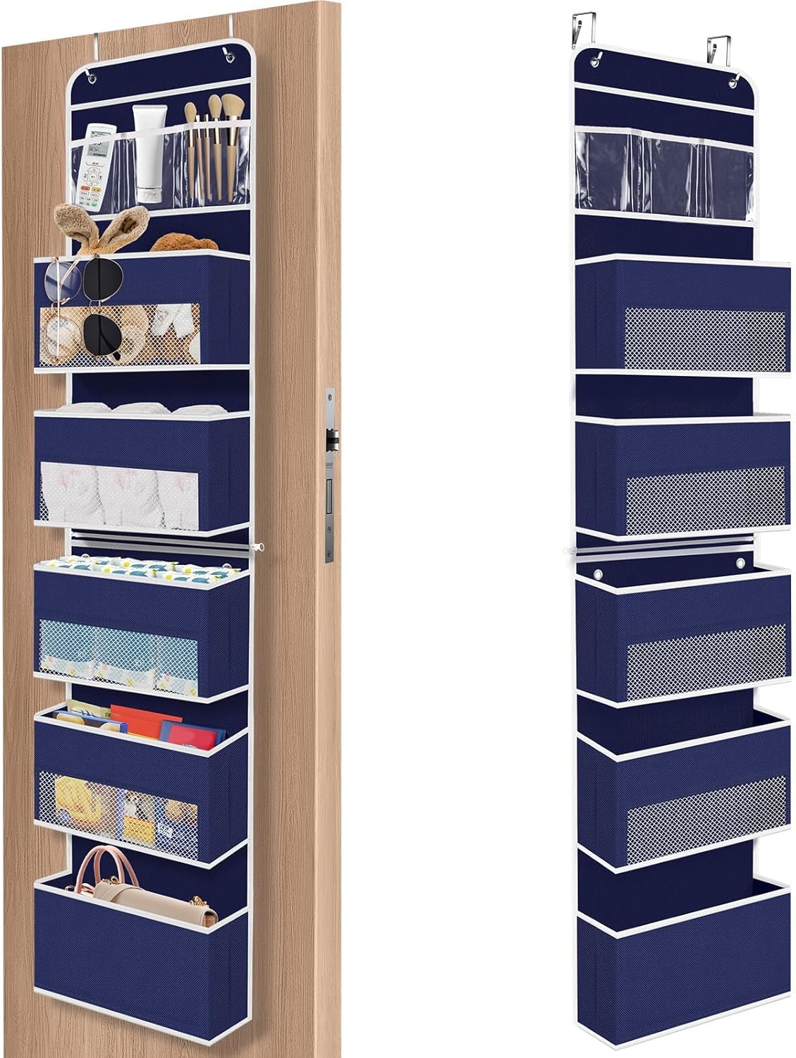 SpaceHacks 1 Pack Over The Door Organizer, Hanging Storage Organizer with Clear Window, 40lb Ultra Sturdy Large Capacity Room Organizer for Pantry Laundry Bathroom Nursery Closet Baby Essential (Grey)
