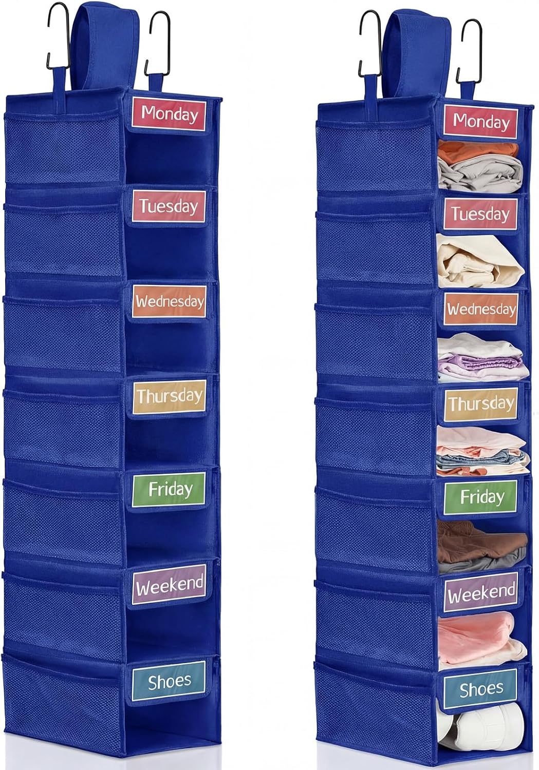 2 Pack 7 Shelf Weekly Clothes Organizer Hanging Closet for Kids with Side Pockets Weekday Shoes Rack Weekly Clothes Organizers Monday Through Weekend Foldable Storage Shelves(Black)