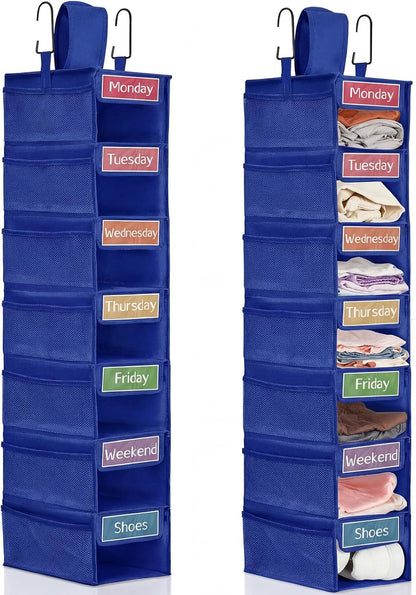 2 Pack 7 Shelf Weekly Clothes Organizer Hanging Closet for Kids with Side Pockets Weekday Shoes Rack Weekly Clothes Organizers Monday Through Weekend Foldable Storage Shelves(Black)