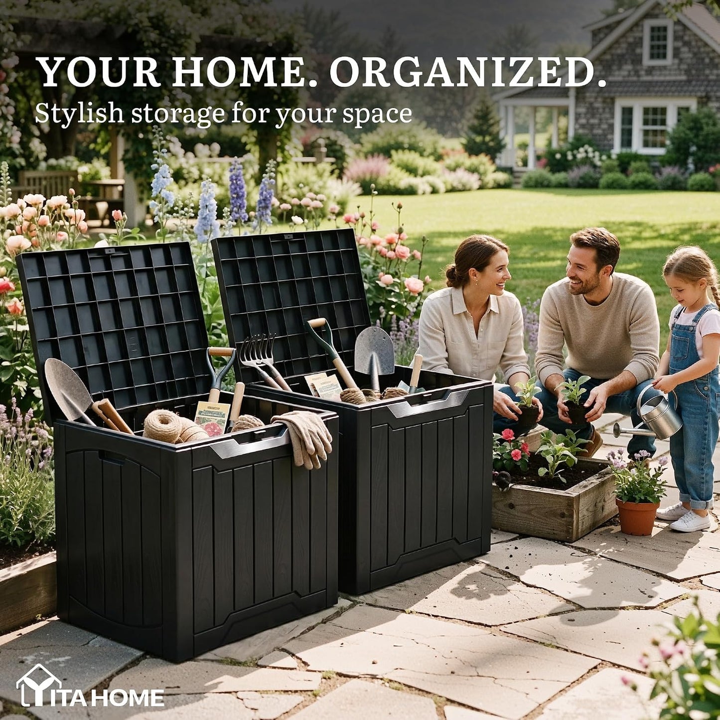 YITAHOME 134 Gallon Large Deck Box | Waterproof Resin Outdoor Storage Box with Lock, Doubles as 2-Person Bench Seating for Patio Furniture Cushions,Garden Tools &