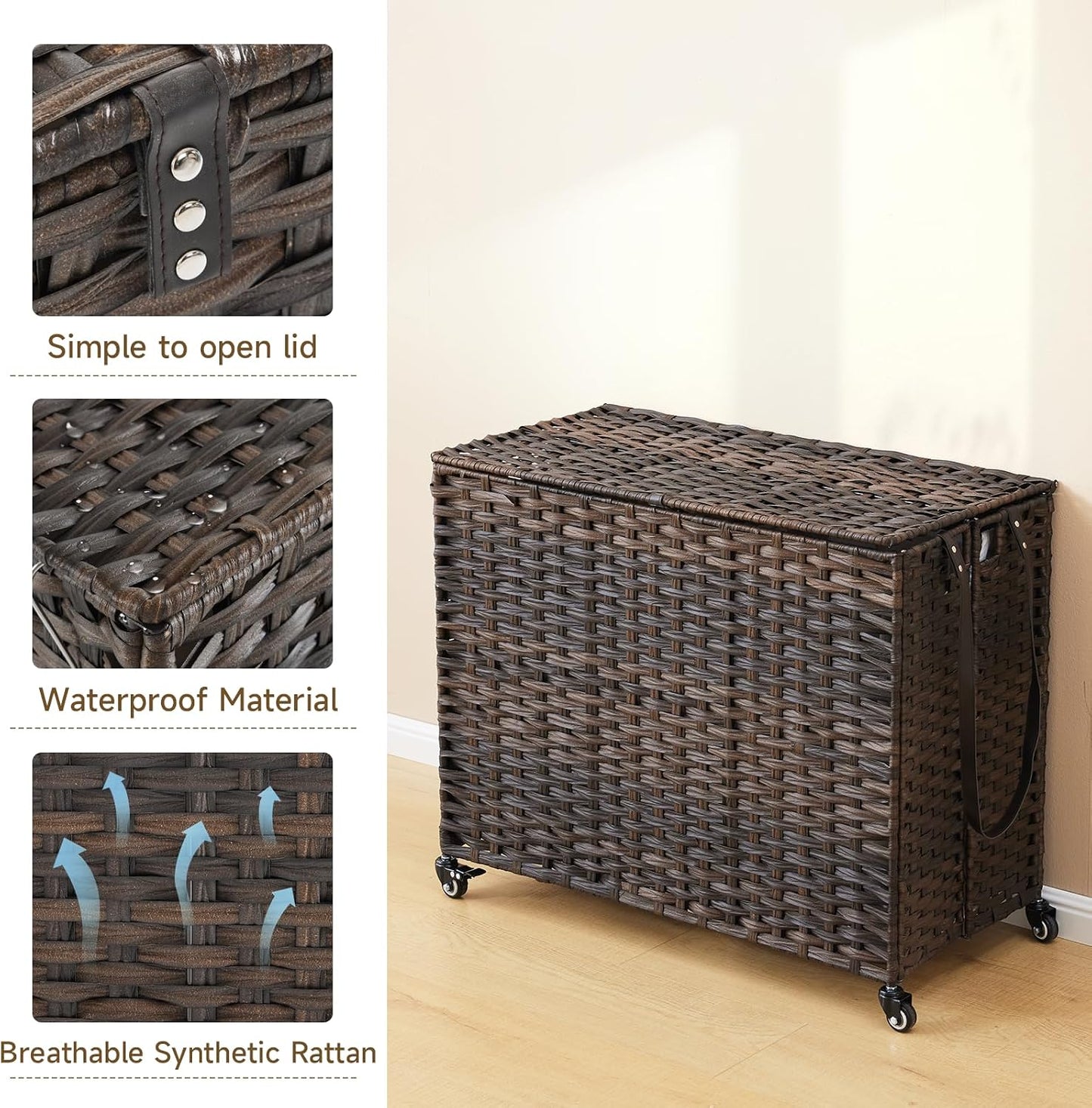 Laundry Hamper with Wheels, 52.8 Gallon(200L) Rolling Laundry Basket with Lid, Removable Large 3 Color Liners & 3 Mesh Laundry Bags, Clothes Hamper with Side Pocket, Natural