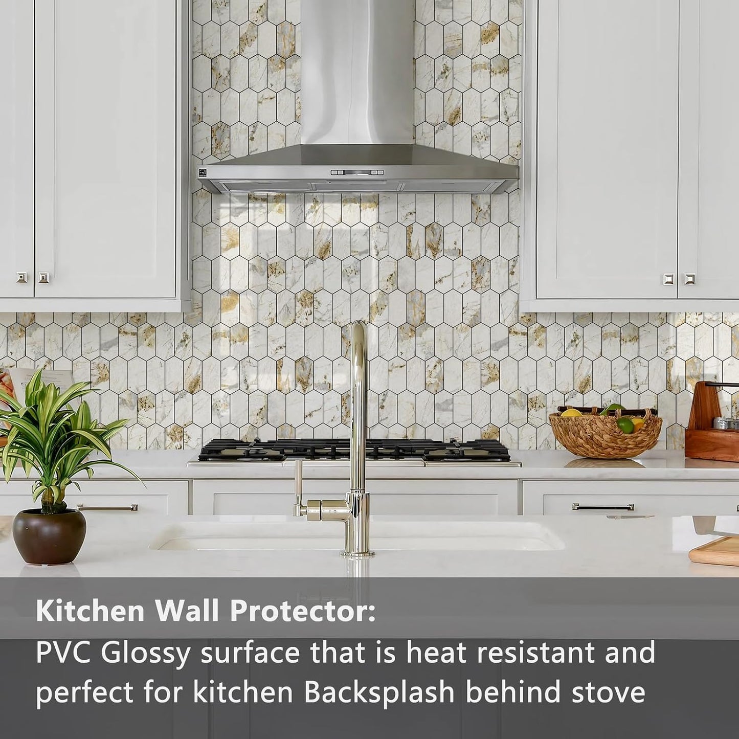 Vamos Tile Long Hexagon Peel and Stick Backsplash Tile - 10 Sheets Stick on Backsplash for Kitchen and Bathroom 12.4 x 12 Inch Glossy Wood Grain PVC Self Adhesive Mosaic Wall Tiles