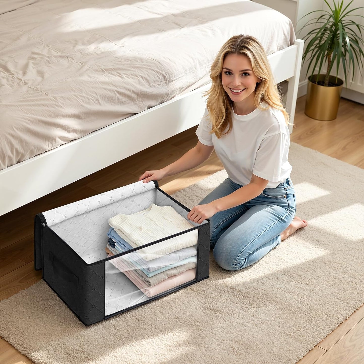 Fab totes 6 Pack Storage Bags for Clothes and Blanket, Foldable Closet Organizers and Storage with Zippers, Clear Window and Handles, Fabric Storage Bins for Sweater, Comforter, Bedding,Linen Sheets