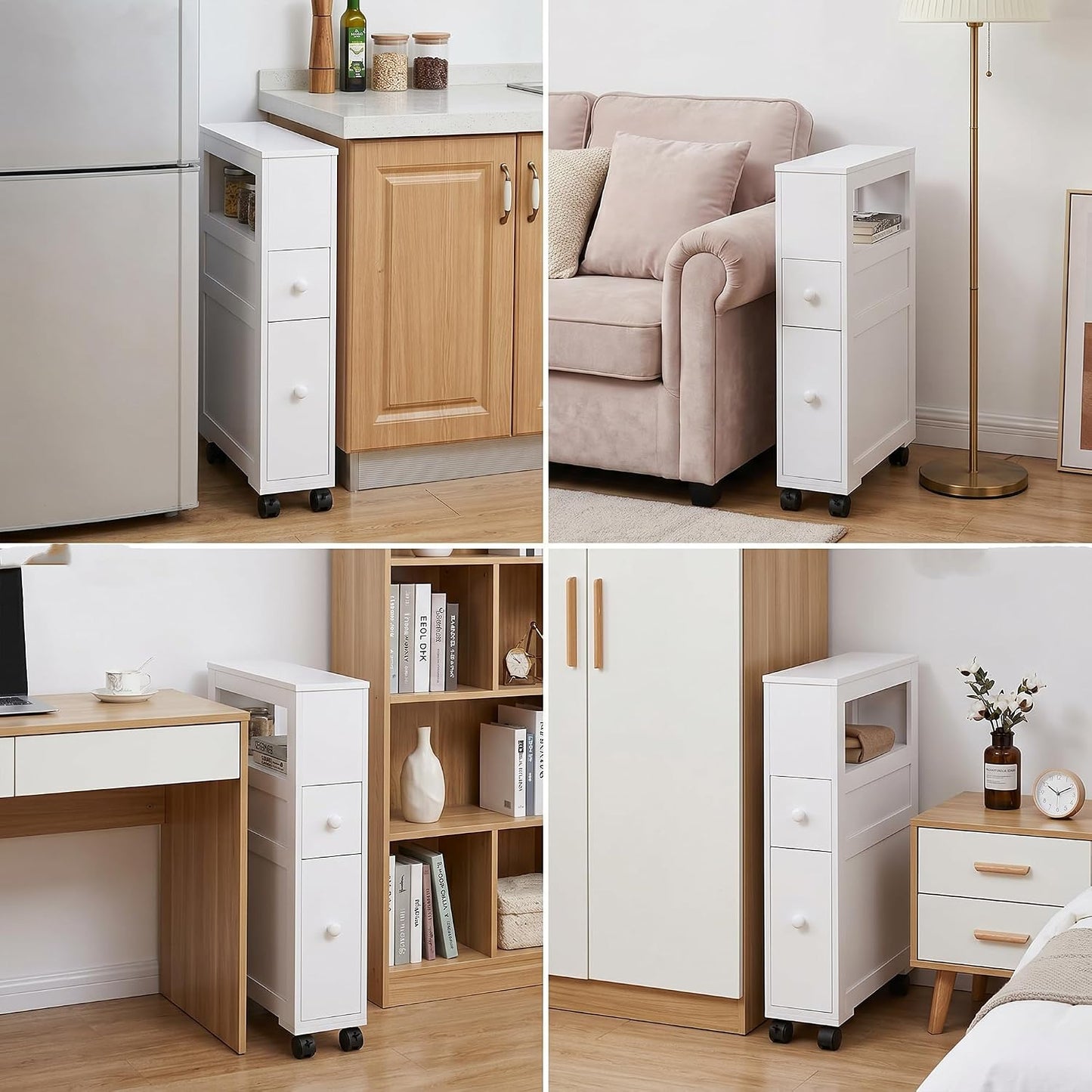 HOMCOM 6.25" x 20.5" x 28.25" Wood Rolling Narrow Bathroom Side Storage Cabinet - Gray