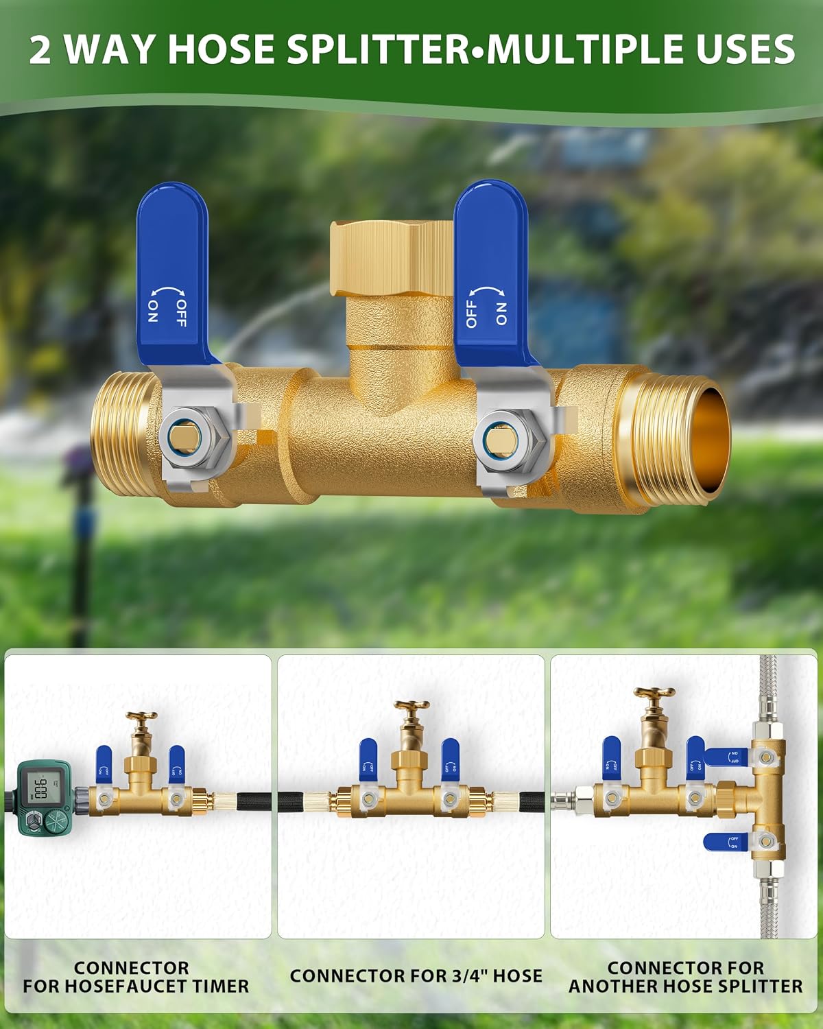 Hose Splitter 2 Way, Heavy Duty Brass Garden Hose Splitter, Water Hose Bib Spigot Splitter with 0.59" Full Flow Ball Valve Outlet & Shut-Off Valve 3/4'' Connector Outdoor Water Faucet Adapter