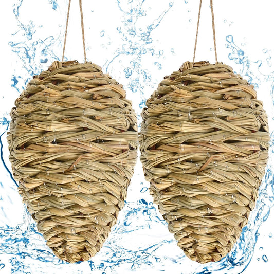 DECYOOL 2 Pack Fake Wasp Nest Decoy, Woven Reed Wasp Hornet Decoys | Hornet Deterrent Artificial Hanging Wasp Hornets Hive for Outdoor Patio Garden and Eave Wasp Yellow Jacket Hornets Protection