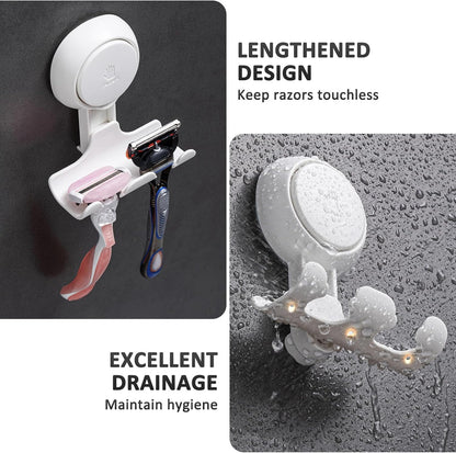 LEVERLOC Razor Holder for Shower 2 Pack, Powerful Suction Cup Shower Hooks for Towel, Loofah, Razor, Squeegee, Damage-Free Wall Hooks, Shaver Holder for Bathroom, Easy to Install and Reuse, White