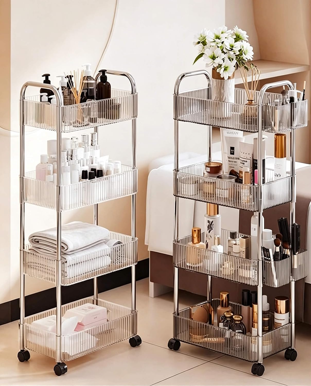 4-Tier Plastic Rolling Utility Cart with Wheels, Multifunctional Storage Organizer Cart for Home, Office, Kitchen & Bathroom, Ultra Narrow & Clear, 4.7”W * 12.8”L * 33”H