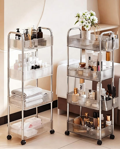 4-Tier Plastic Rolling Utility Cart with Wheels, Multifunctional Storage Organizer Cart for Home, Office, Kitchen & Bathroom, Ultra Narrow & Clear, 4.7”W * 12.8”L * 33”H