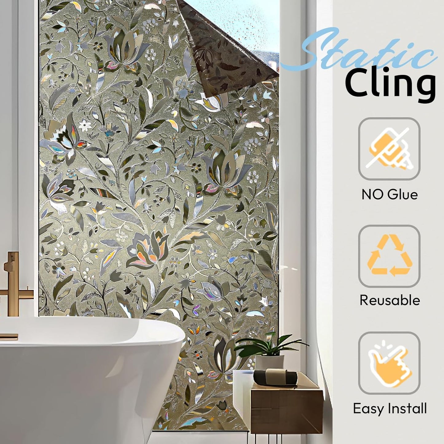 rabbitgoo Window Privacy Film, Decorative Stained Glass Window Film, Sun Blocking Glass Clings, Renter-Friendly Static Cling Frosted Sticker Covering for Home Door, Rainbow Tulip 17.5" X 78.7"