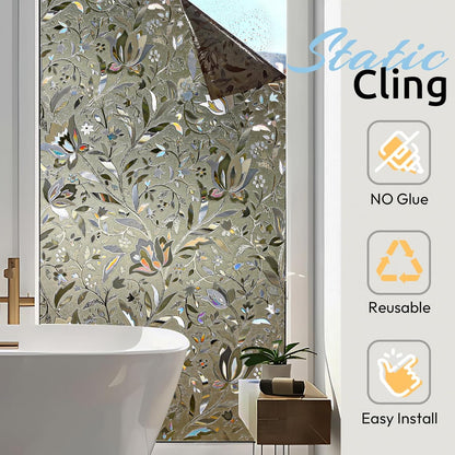 rabbitgoo Window Privacy Film, Decorative Stained Glass Window Film, Sun Blocking Glass Clings, Renter-Friendly Static Cling Frosted Sticker Covering for Home Door, Rainbow Tulip 17.5" X 78.7"