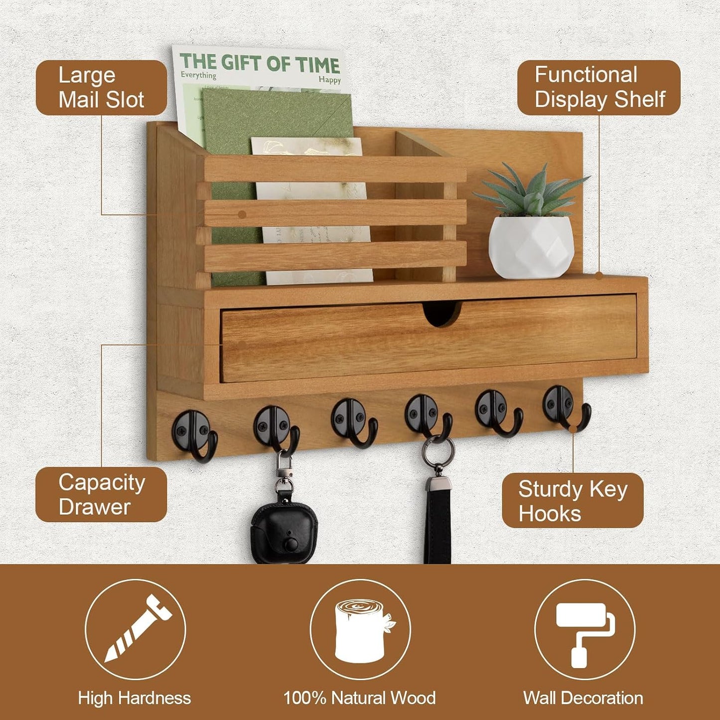Key Holder Wall Mount, Mail Holder with Storage Drawer and 5 Key Hooks for Coat, Dog Leash, Home Decor Rack, House Accessories, Entry Way Organizer