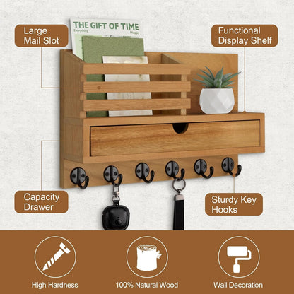 Key Holder Wall Mount, Mail Holder with Storage Drawer and 5 Key Hooks for Coat, Dog Leash, Home Decor Rack, House Accessories, Entry Way Organizer