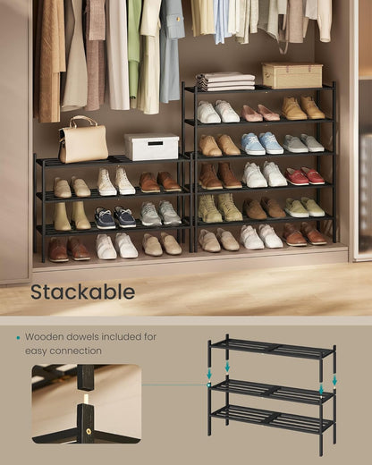 SONGMICS Bamboo Shoe Rack for Closet, Stackable Shoe Oragnizer with Modular Structure, Space-Saving Free Standing Shelf for Entryway Bedroom, 2-Tier, Holds 9-12 Pairs, Natural Color ULBS052YL01