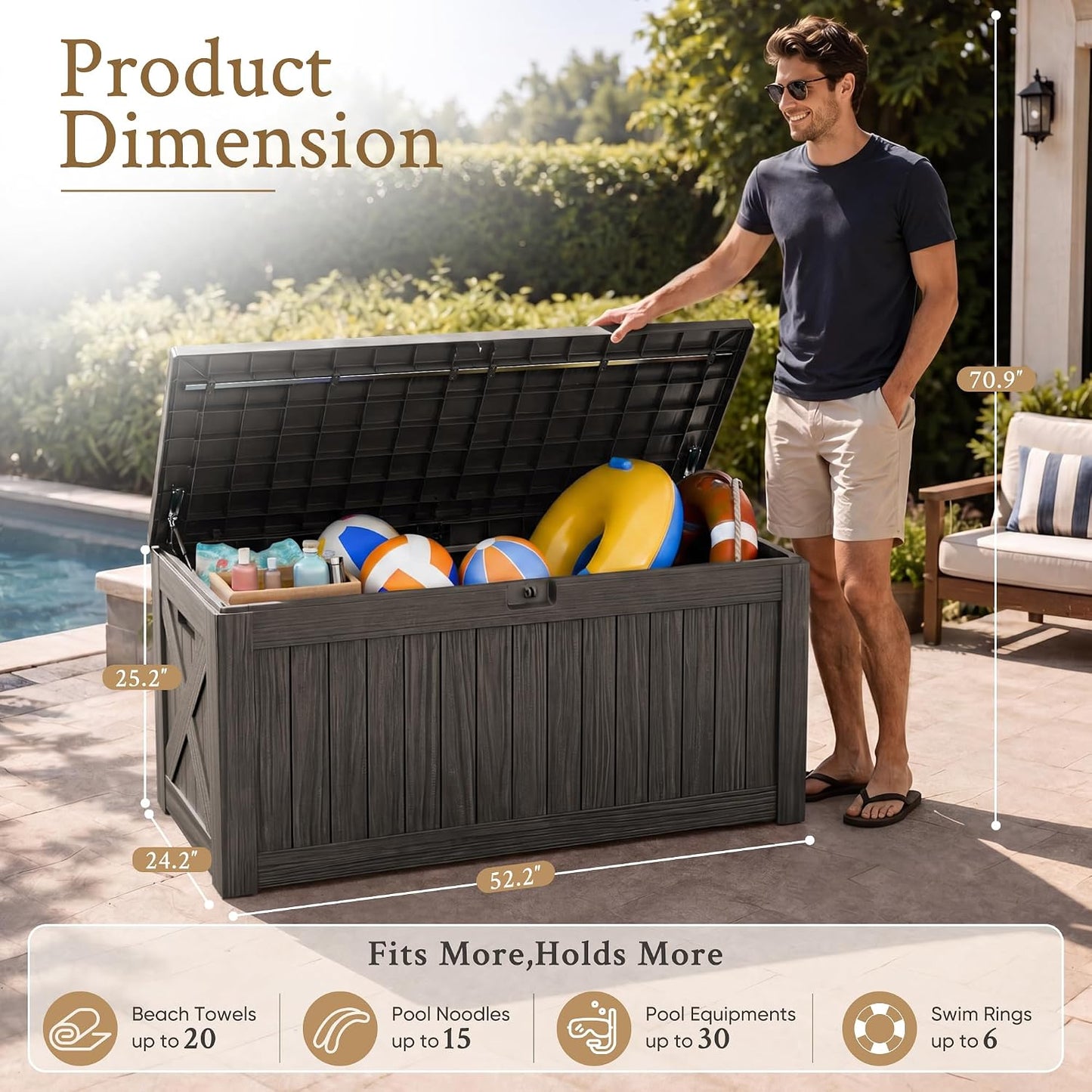 Devoko 120 Gallon Deck Box Resin Outdoor Storage Box Waterproof for Patio, Large Outdoor Storage Bench Lockable for Outside (Black)