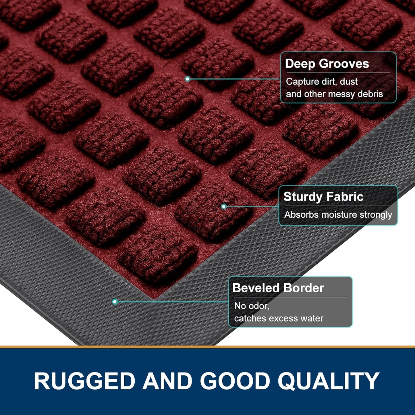 Smiry Front Door Mat Outside Entrance, Heavy Duty Natural Rubber Doormat, Non Slip, Trap Dirt and Moisture, Easy Clean, Low Profile Welcome Floor Mats for Indoor Outdoor Entry, 29.5x17 Inch, Black