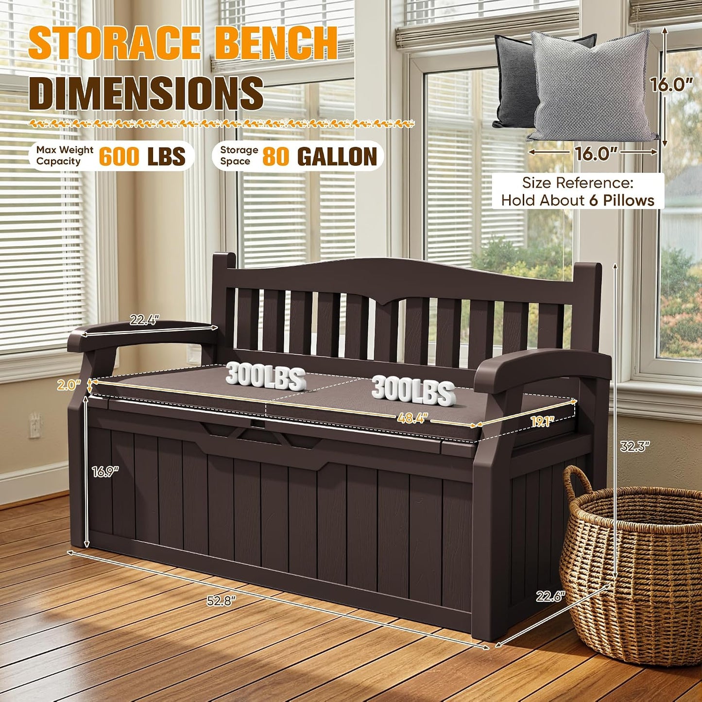 JUMMICO 80 Gallon Resin Outdoor Storage Bench, Large Deck Box with Armrest, Lockable&Waterproof for Garden, Home, Patio, Pools (Black, 80 Gallon)
