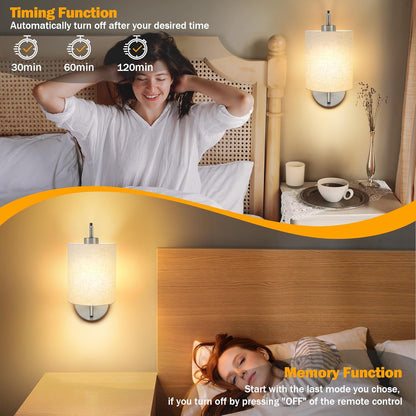 MATAMEYE Battery Operated Wall Sconce Set of 2, Black Rechargeable Wireless Wall Light Fixture with Remote, 12 RGB Colors & Timer, Indoor Dimmable Wall Lamp with Linen Shade