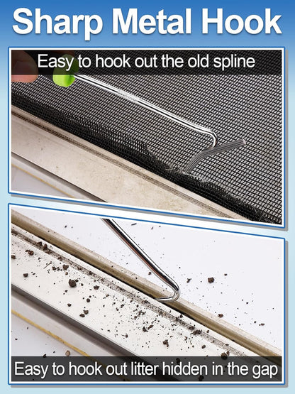 Screen Repair Kit - 3 in 1 Screen Tools Including Roller, 0.14in x 32.8ft Spline, Removal Hook for Replacing & Installing Door Window Screens