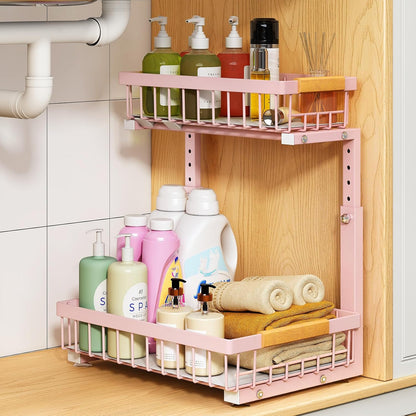 PXRACK Under Sink Organizer, Adjustable Height, 2 Tier Pull Out Under Cabinet Organizer, Slide Out Thickened Metal Under Sink Storage for Kitchen Bathroom Laundry Pantry Cabinet, White, Large-1-Pack