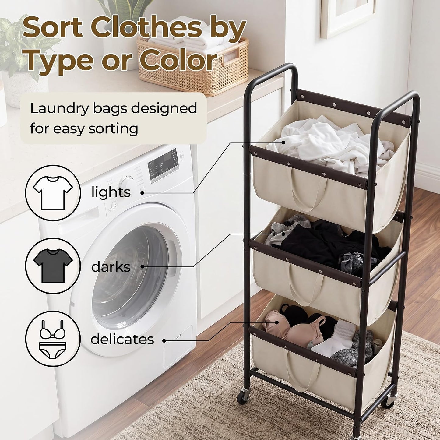 GRANNY SAYS 3 Section Tiered Laundry Sorter, Slim Vertical Laundry Hamper with Wheels, Narrow Rolling Laundry Cart with Removable Bags for Laundry Room, Bathroom, Closet, Dorm, Beige