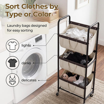 GRANNY SAYS 3 Section Tiered Laundry Sorter, Slim Vertical Laundry Hamper with Wheels, Narrow Rolling Laundry Cart with Removable Bags for Laundry Room, Bathroom, Closet, Dorm, Beige
