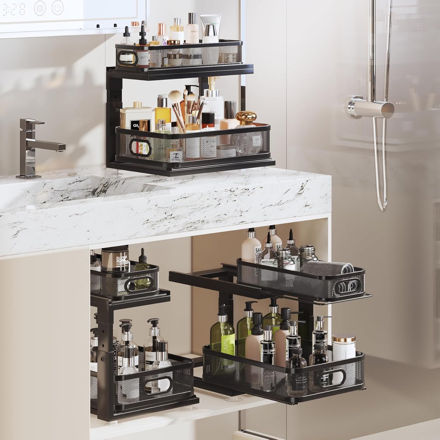 2 Pack 18.5IN-Depth Under Sink Organizer With Next-Gen Ball-Bearing Slides,2-Tier Precision Mesh Pull Out Cabinet Storage for Bathroom&Kitchen,Height Adjustable Drawers Shelf,Anti-rust-White