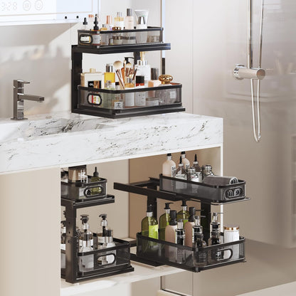 2 Pack 18.5IN-Depth Under Sink Organizer With Next-Gen Ball-Bearing Slides,2-Tier Precision Mesh Pull Out Cabinet Storage for Bathroom&Kitchen,Height Adjustable Drawers Shelf,Anti-rust-White