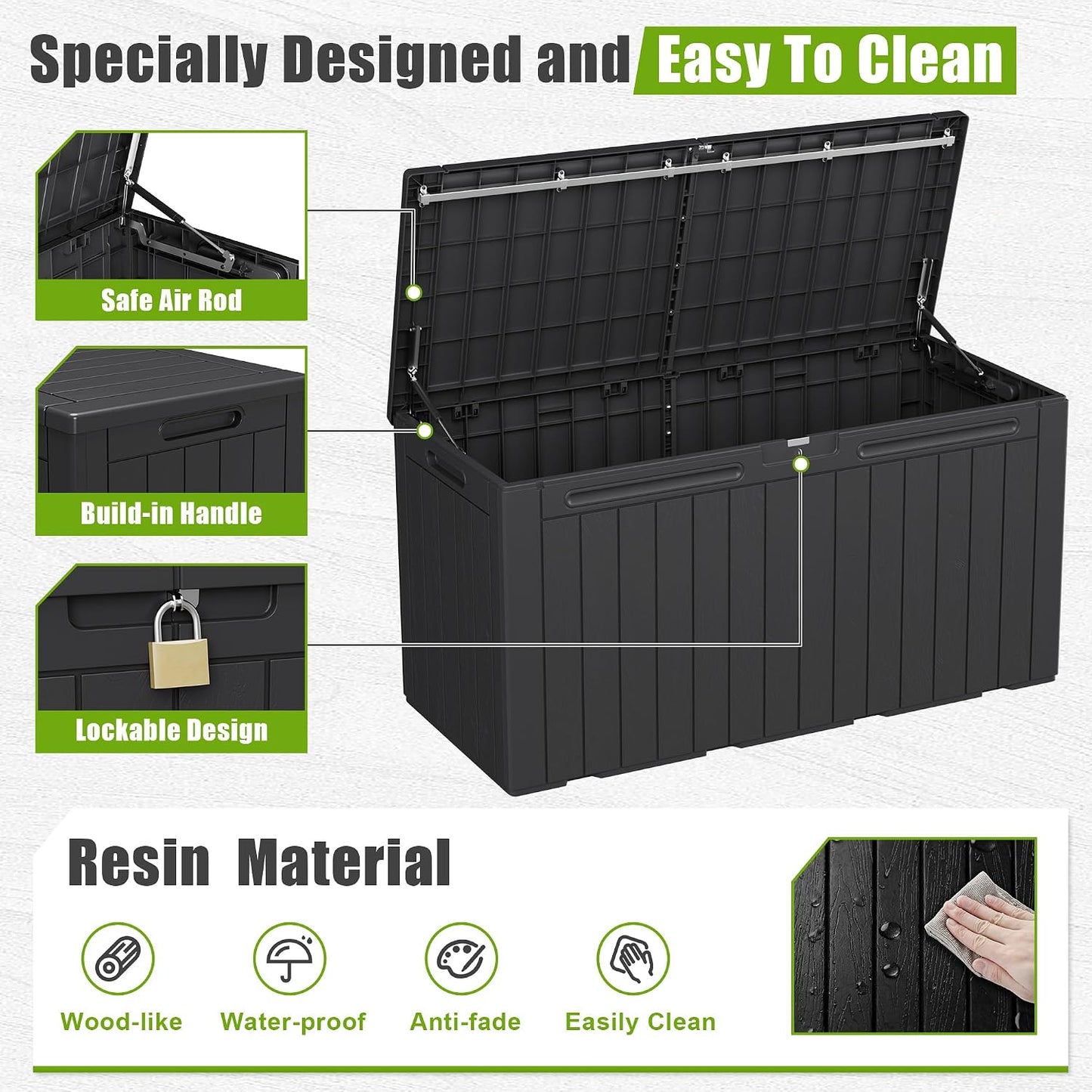 Flamaker Resin Deck Box 120 Gallon Waterproof Large Outdoor Indoor Storage Box Imitation Wood Resin for Patio Furniture Garden Tools and Pool (Black)