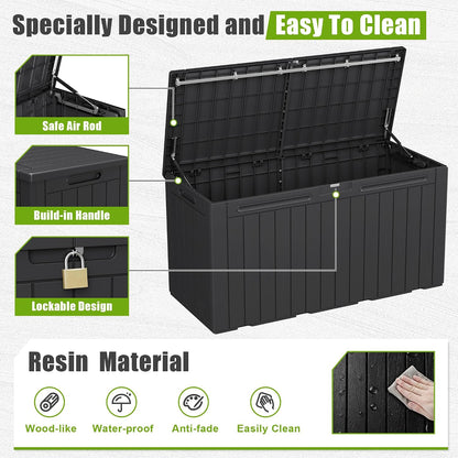 Flamaker Resin Deck Box 120 Gallon Waterproof Large Outdoor Indoor Storage Box Imitation Wood Resin for Patio Furniture Garden Tools and Pool (Black)
