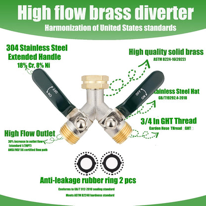 EJW Hose Splitter, 2 Way Hose Splitter, Garden Hose Splitters,Faucet Splitters, Outdoor Faucet Splitter, 2 Way Hose Connector,Brass Splitter, 3/4” GHT Threads.