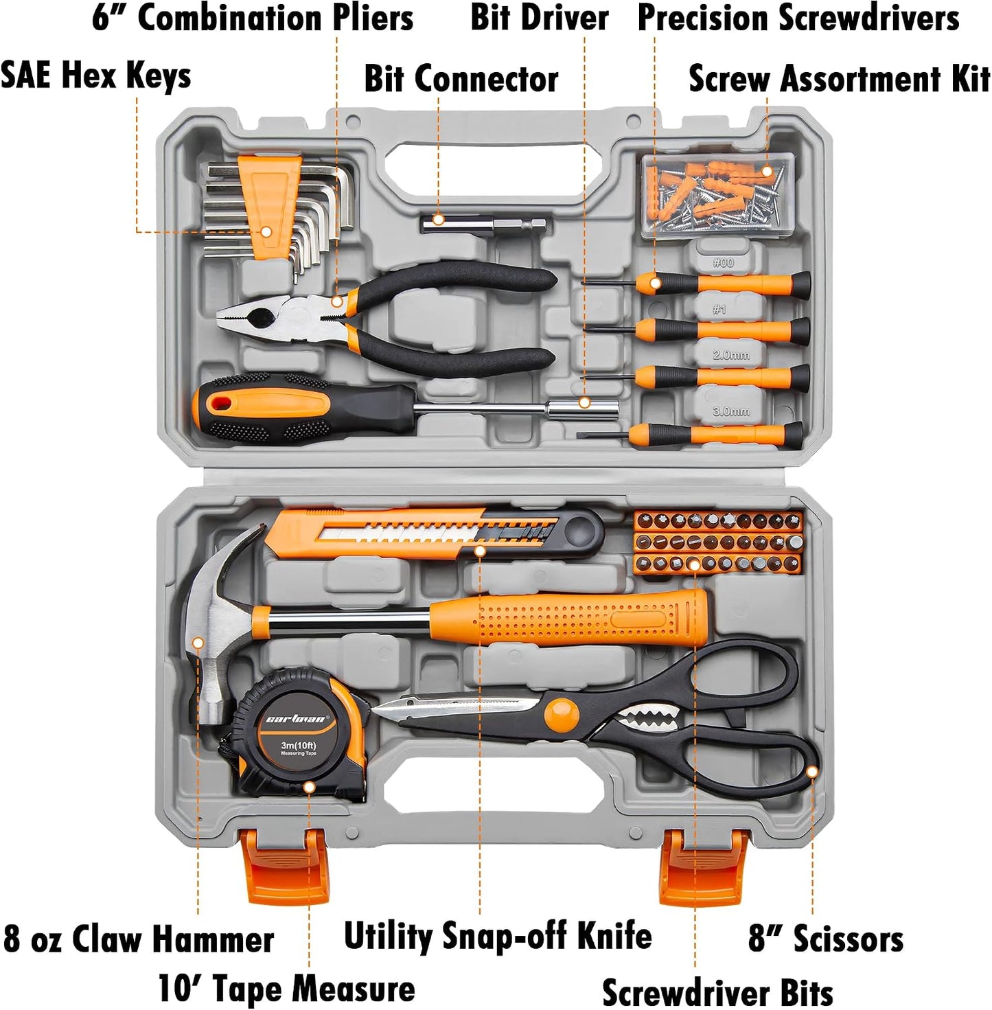 CARTMAN 39-Piece Household Tool Set, Orange Hand Kit With Storage Case | Complete assortment for home repairs, DIY projects, furniture setup, crafting, and daily household fixes in toolbox.
