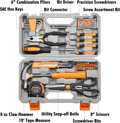 CARTMAN 39-Piece Household Tool Set, Orange Hand Kit With Storage Case | Complete assortment for home repairs, DIY projects, furniture setup, crafting, and daily household fixes in toolbox.