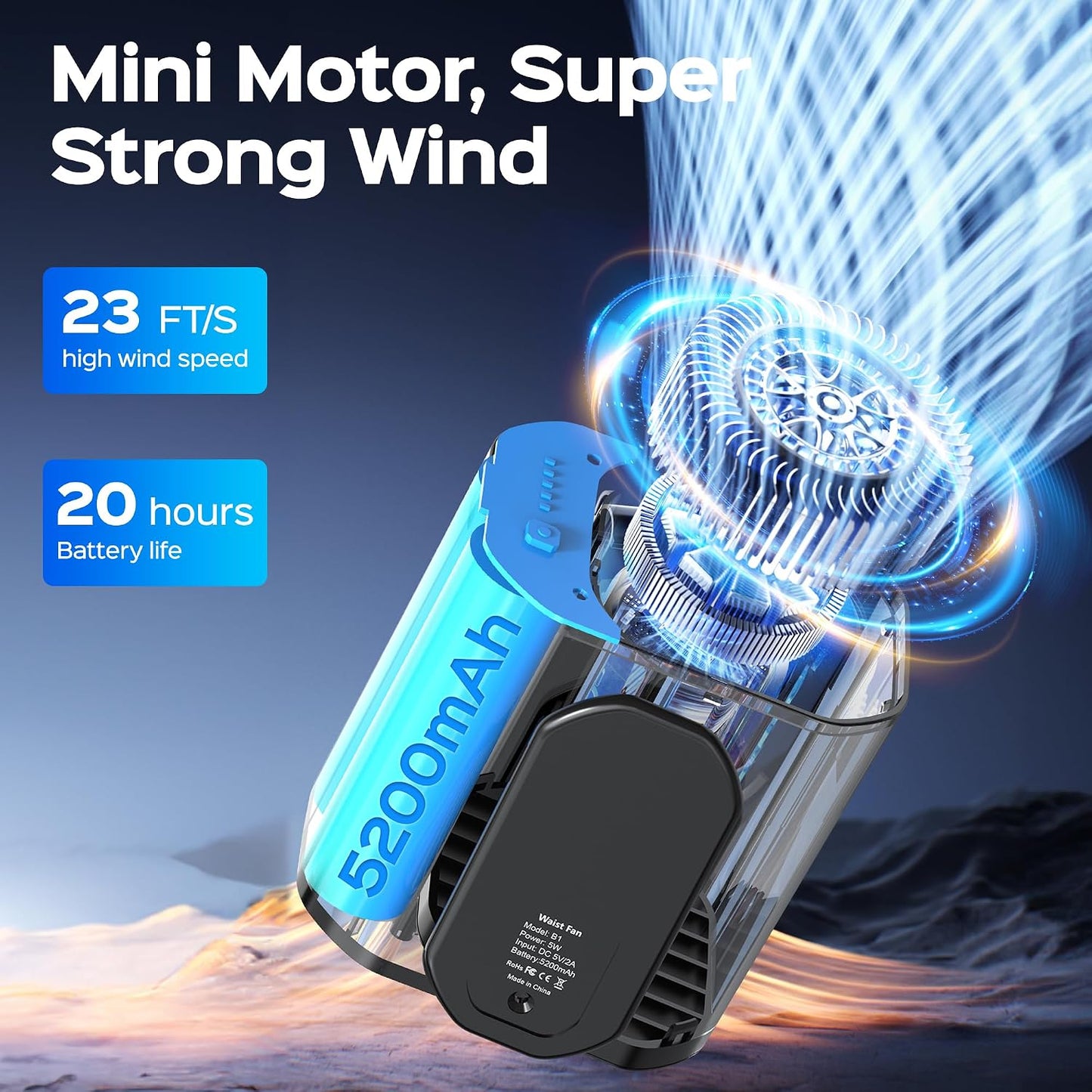 10000PRM Portable Waist Clip Fan Rechargeable Working Up to 20Hrs 3 Speeds Strong Turbo Airflow Personal Belt Neck Fan Clip on Waist for Golf Camping Outdoor Jobsite