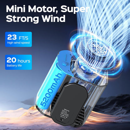 10000PRM Portable Waist Clip Fan Rechargeable Working Up to 20Hrs 3 Speeds Strong Turbo Airflow Personal Belt Neck Fan Clip on Waist for Golf Camping Outdoor Jobsite